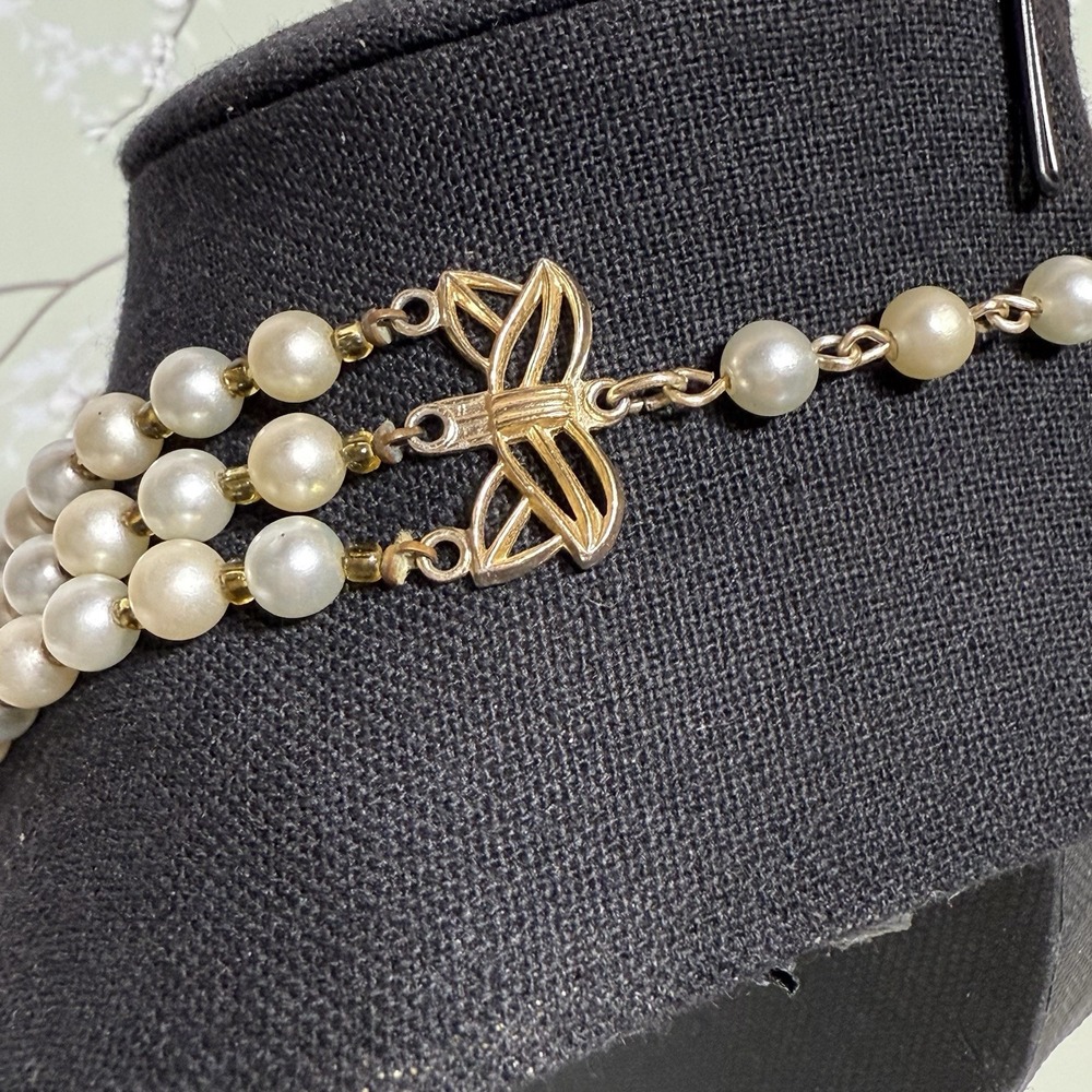 VTG Necklace Multi-Strand Signed JAPAN Gold Tone Faux Pearl Shepherd Hook Estate - Picture 6 of 12